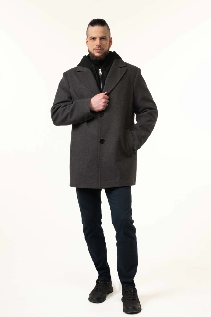 Пальто серого цвета демисезонное с капюшоном-3