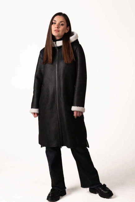 Жіноча чорна екодублянка з білим екохутром-3