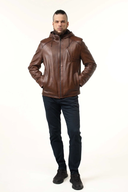 Шкіряна куртка чоловіча з кишенею на грудях-7