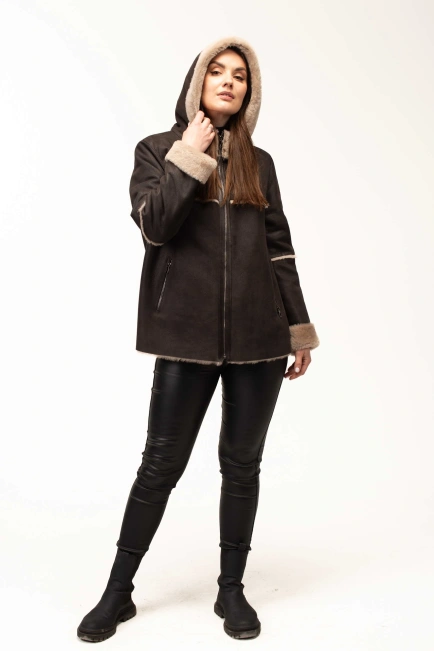 Жіноча кавова дублянка з теплим капюшоном-8
