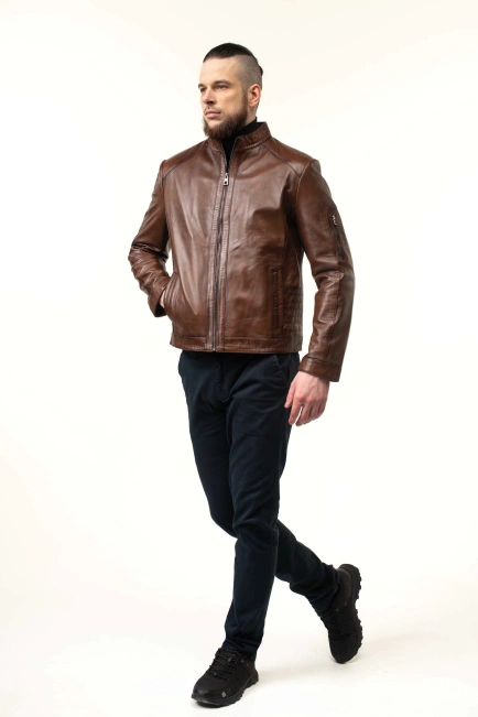 Шкіряна куртка чоловіча коричнева з прострочками-5