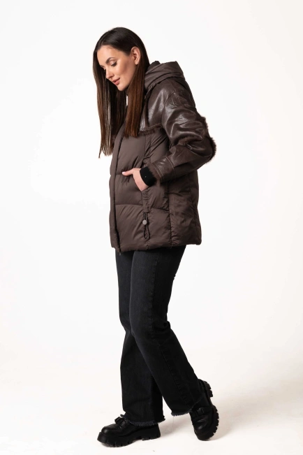 Біопуховик з шкіряними та хутряними вставками-5