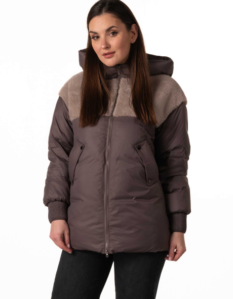 Біопуховик з екохутром коричневого кольору