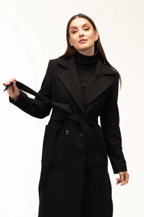 Женское чёрное пальто под пояс длинное