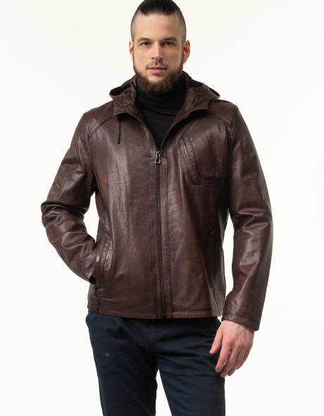 Шкіряна коричнева куртка з капюшоном чоловіча