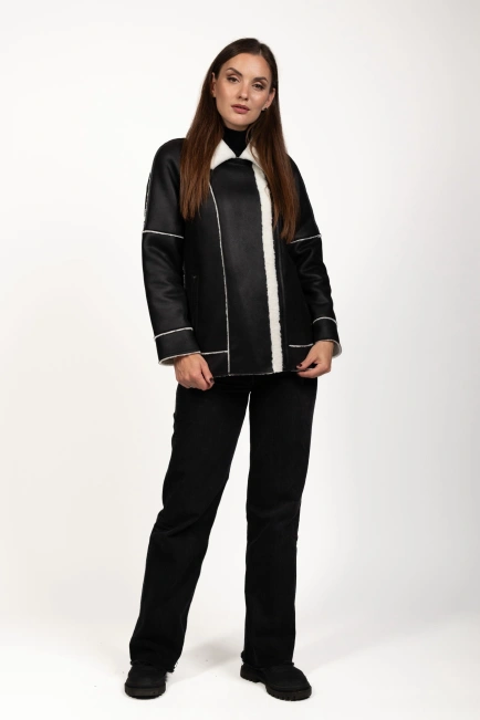 Жіноча штучна дублянка чорно-біла-6