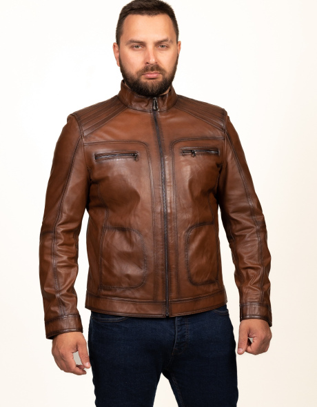 Мужская куртка кожаная коричневого цвета