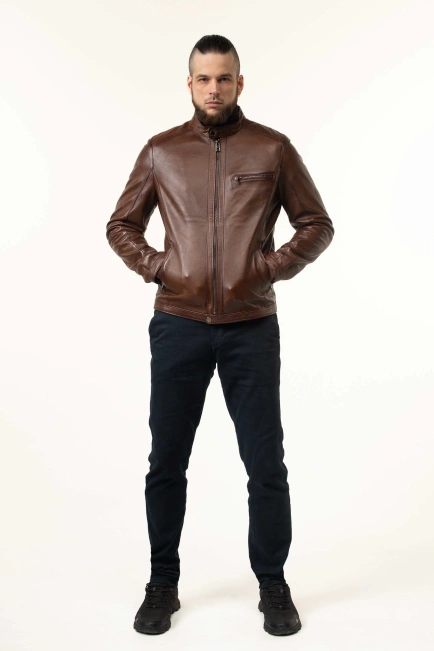 Шкіряна куртка чоловіча коричнева з коміром-7