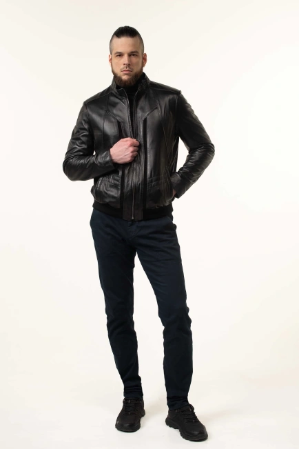 Шкіряна куртка-бомбер чоловіча з гладкої шкіри-10