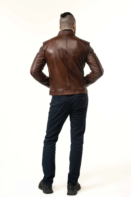 Шкіряна куртка чоловіча коричнева з прострочками-2