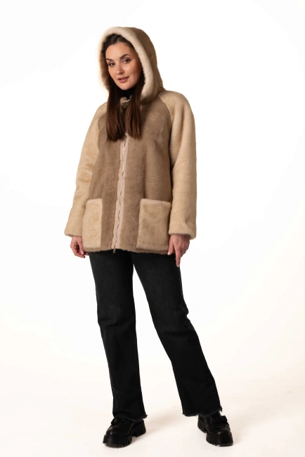 Шуба з екохутра в бежевих відтінках-6