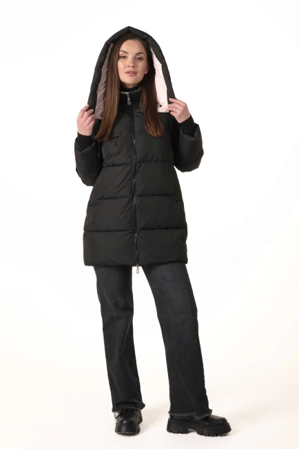 Жіночий чорний біопуховик зі знімним капюшоном-9