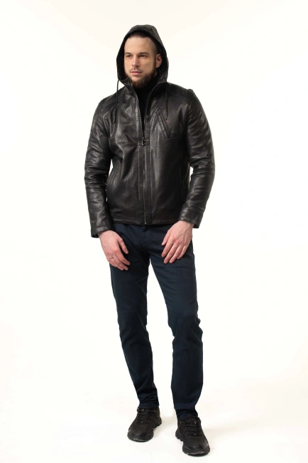 Чоловіча куртка зі шкіри з капюшоном-9