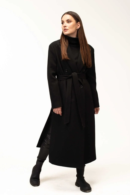 Жіноче пальто чорне з поясом довге-7