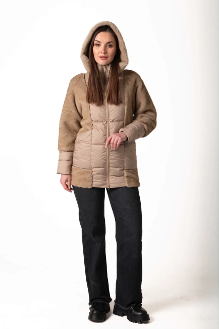 Біопуховик з екохутром бежевого кольору зима-6