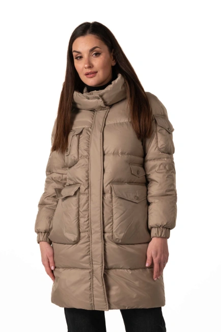 Бежевий біопуховик з декором на рукавчику-4