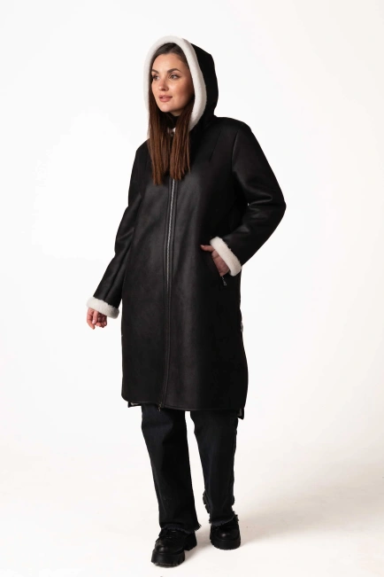 Жіноча чорна екодублянка з білим екохутром-9