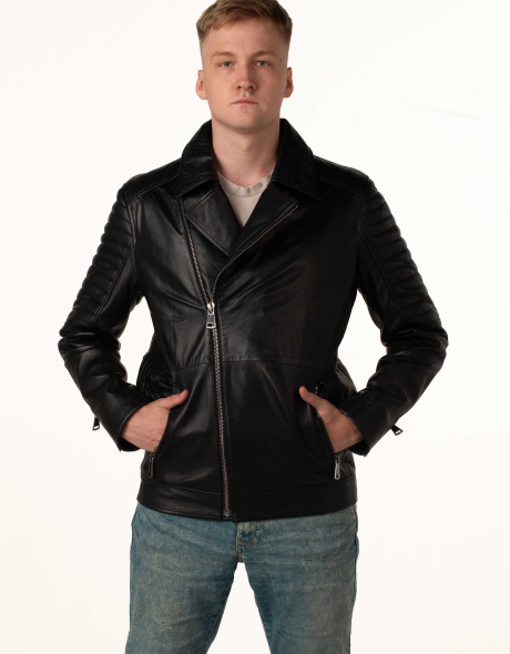 Чоловіча шкіряна куртка-косуха чорна