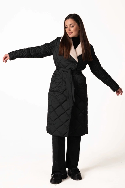 Чорний біопуховик з англійським коміром та поясом-8