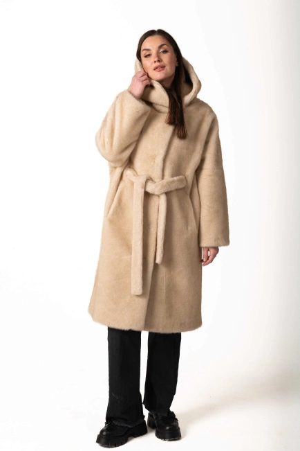 Шуба з екохутра бежева з втяжним поясом-10