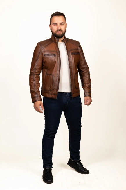 Чоловіча куртка шкіряна коричневого кольору-3