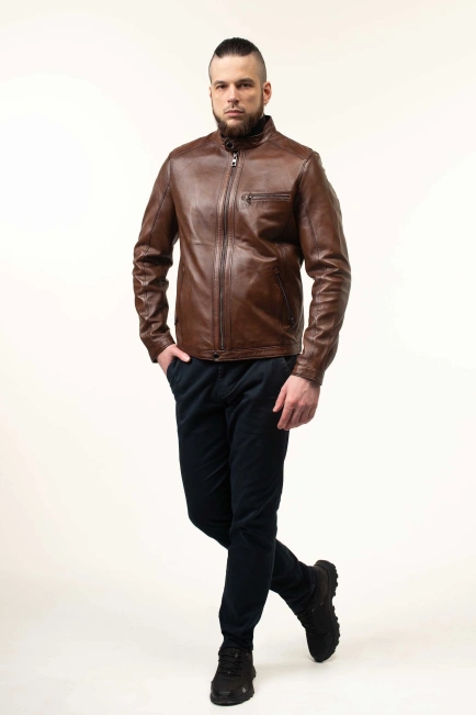Шкіряна куртка чоловіча коричнева з коміром-5