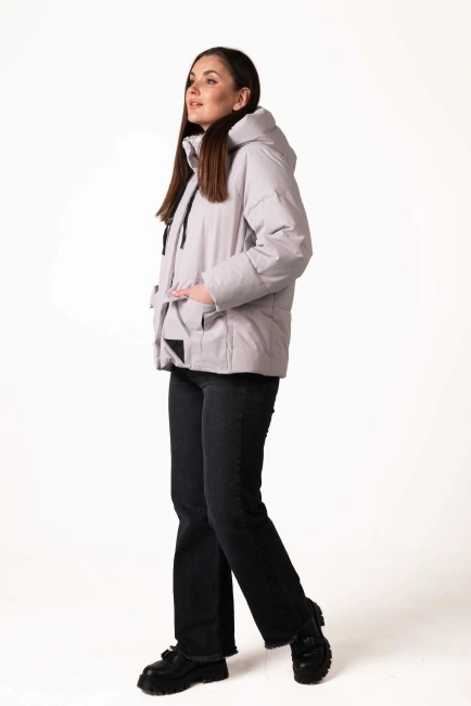 Жіночий світло-сірий біопуховик з капюшоном-5