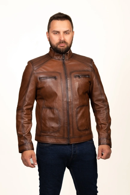Мужская куртка кожаная коричневого цвета-1