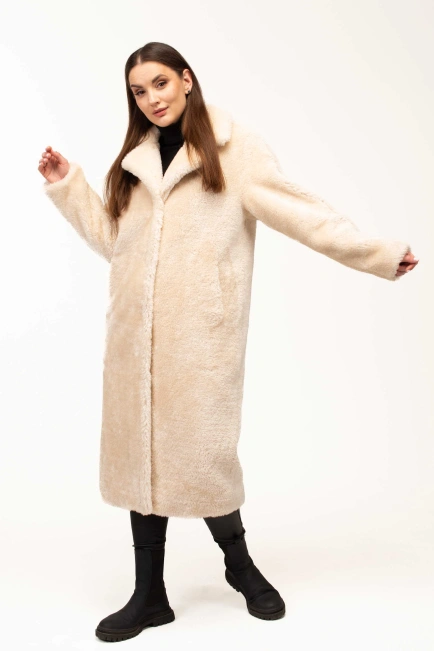 Женская шуба из эко-меха бежевая классическая-6
