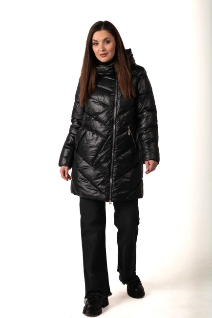 Жіночий чорний біопуховик з накладною кишенею-6