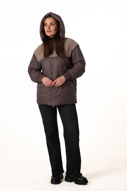 Біопуховик з екохутром коричневого кольору-8