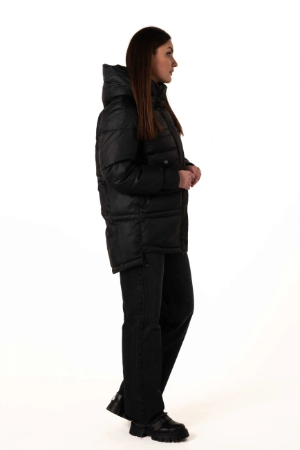 Чорний біопуховик з капюшоном і кулісками-7