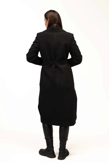 Женское чёрное пальто под пояс длинное-2