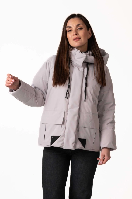 Жіночий світло-сірий біопуховик з капюшоном-4