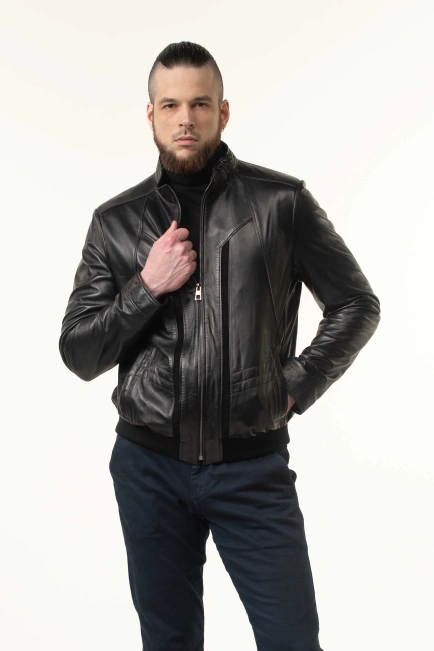 Шкіряна куртка-бомбер чоловіча з гладкої шкіри-4