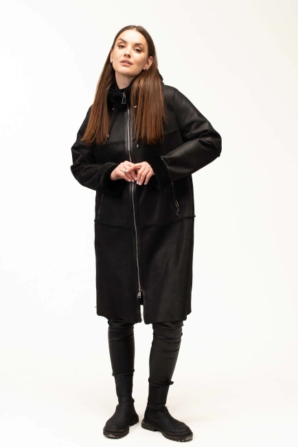 Жіноча чорна дублянка з капюшоном довга-6