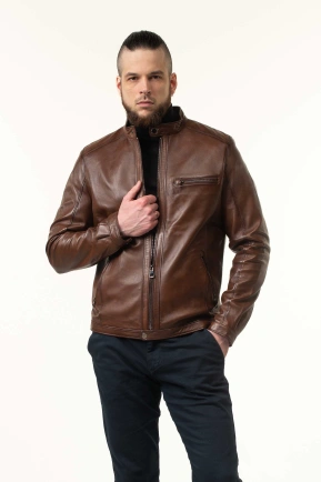 Шкіряна куртка чоловіча коричнева з коміром