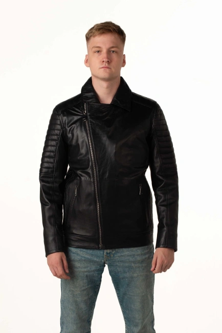 Чоловіча шкіряна куртка-косуха чорна-3