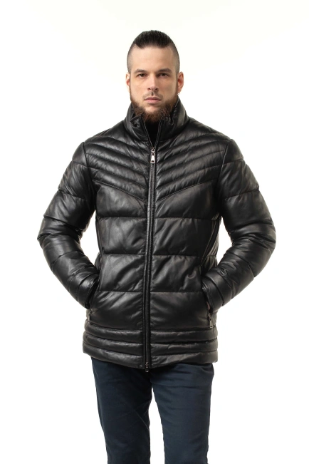 Чоловічий шкіряний біопуховик чорний-4